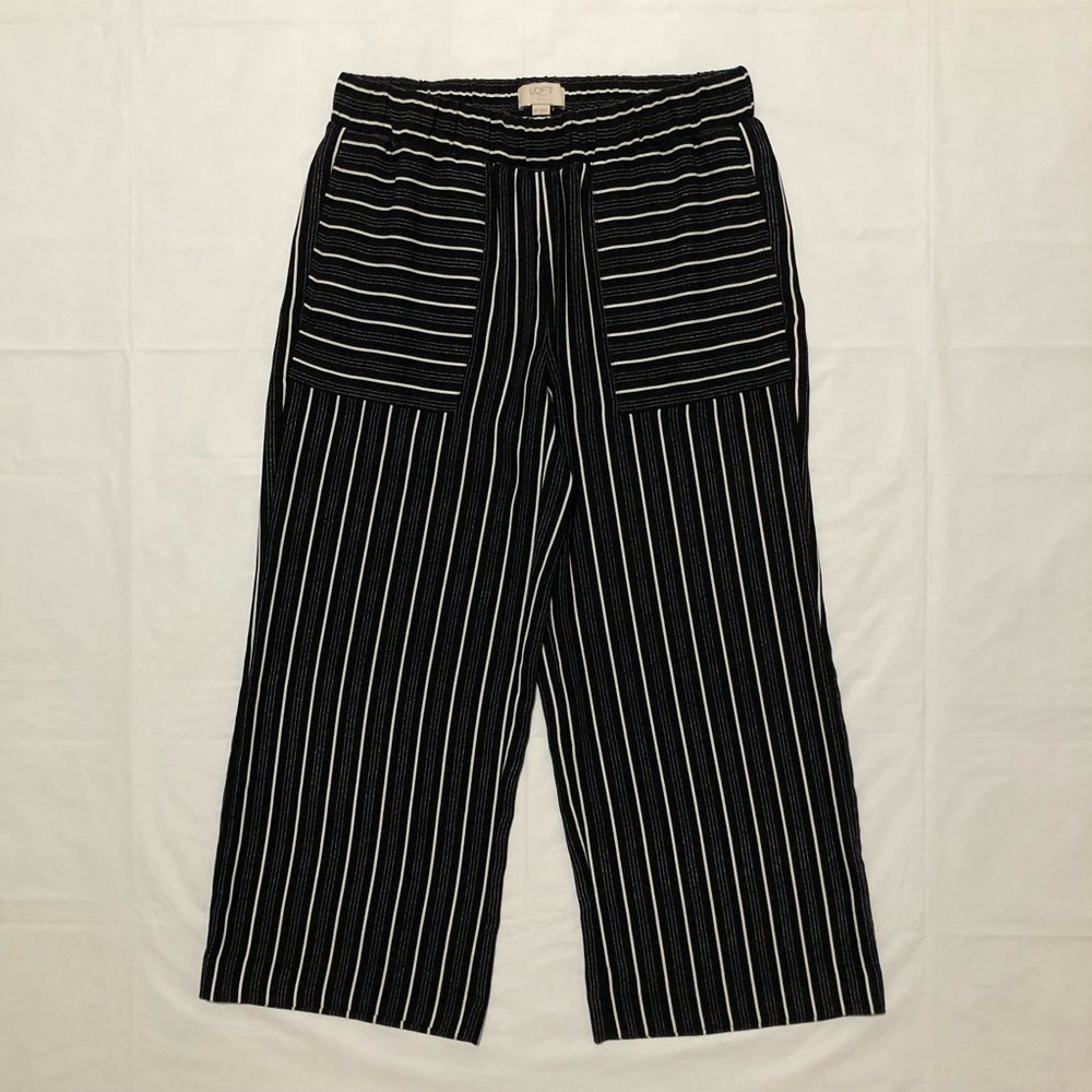 LOFT Women’s Elastic Waist Black & White Striped Wide-Leg Cropped Pants XSP